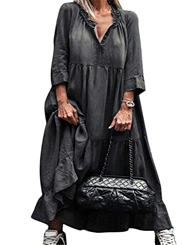 ORANDESIGNE Damen V-Ausschnitt Jeanskleider Denimkleid Sommerkleid Lose Kurzarm Partykleid Tunika Hemd Blusenkleid Jeanskleid Maxi Kleid E Schwarz 46