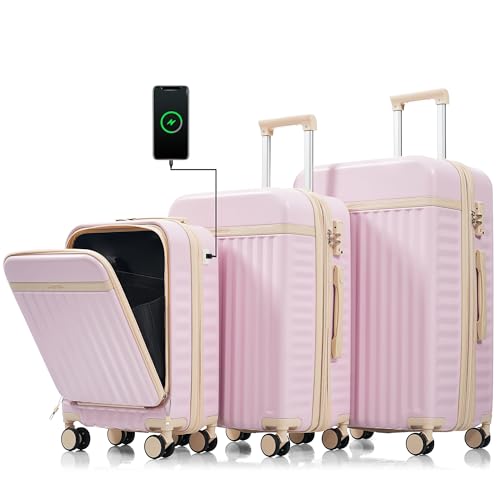 Image of Hardshell Luggage, Lightweight Suitcase with Spinner Wheels, LIGHT PINK+USB