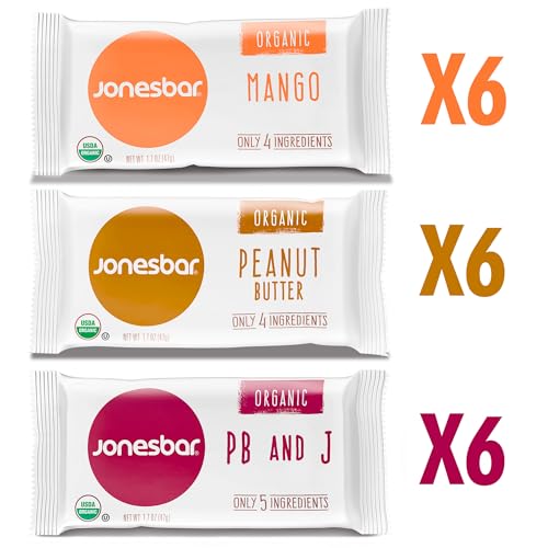 JONESBAR (18ct Variety Pack, 18 Bars (1 Box)), USDA Organic Fruit & Nut Bar, Non-GMO, Kosher, Vegan, Gluten Free, Simple Snack Bar