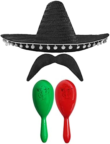 MEXICAN FANCY DRESS ACCESSORY SET - MEXICAN SOMBRERO WITH MARACAS AND TASH BLACK POM POM SOMBRERO + 2X GREEN MARACAS