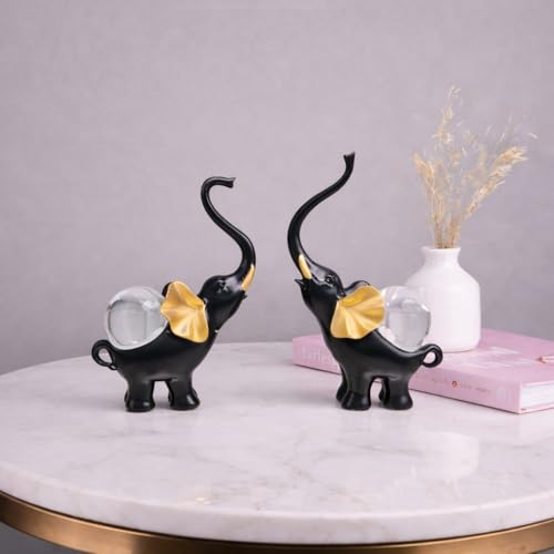 Image of ARMONIA Set of 2 Lucky Elephant Showpiece for Home Decor |Black Polystone Elephant with Detachable Crystal Glass Ball |Vaastu Feng Shui Elephant Idol for Living Room,Office,Entrance | Gift for Wedding
