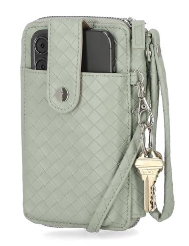 Image of Mundi Jacqui RFID Crossbody Wallet for Women, Vegan Leather Small Travel Handbag with Phone Holder, Compact Organizer with Card Slots and Removable Strap, Vacation Purse in Thyme (Woven)