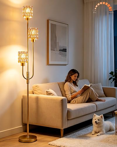 Image of 66IN Glass Floor Lamp 3-Lights Modern Gold Dimmable Floor Lamps with 3000K Warm White Bulbs for Wedding Party Modern Standing Tall Lamp with Amber Glass Shade for Living Room /Bedroom /Home Decor