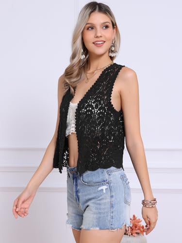 Image of Allegra K Women's Floral Crochet Hollow Out Sleeveless Open Front Boho Vest Cardigan