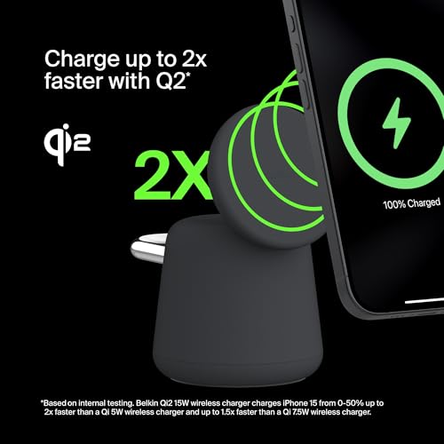 Image of Belkin 2-in-1 Qi2 Wireless Charging Dock 15W Fast Charge iPhone Charger Compatible with iPhone 17, 16, 15, 14, and 13 Series, AirPods and Other Qi2 Enabled Devices, Includes Power Supply - Black