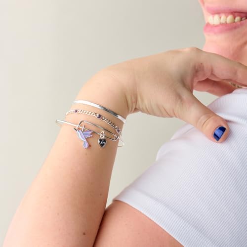 Alex and Ani Joy Hummingbird Charm Bangle Bracelet, Shiny Silver Finish with a Pastel Purple Hummingbird Charm, 2 to 3.5in4