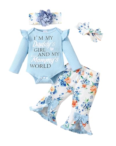 Image of SUNNY PIGGY Newborn Baby Girl Clothes Infant Floral Outfits Bell Bottom Flowerpant Headband 0-18 Months Baby Girl Romper