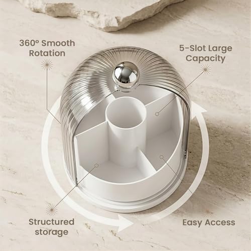 Image of MAYCREATE Rotating Make Up Organiser, Makeup Brush Organiser Holder Cosmetic Makeup Organizer Stand with Clear Dustproof Cover, Multi Compartments Bathroom Vanity Storage Case