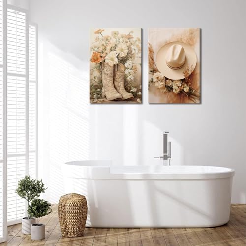 Image of NNX 2pcs Vintage Western Cowgirl Canvas Wall Art: Coastal Cowgirl Boots & Hats Posters - Trendy Preppy Dorm Room & Living Room Wall Decor - Ready To Hang