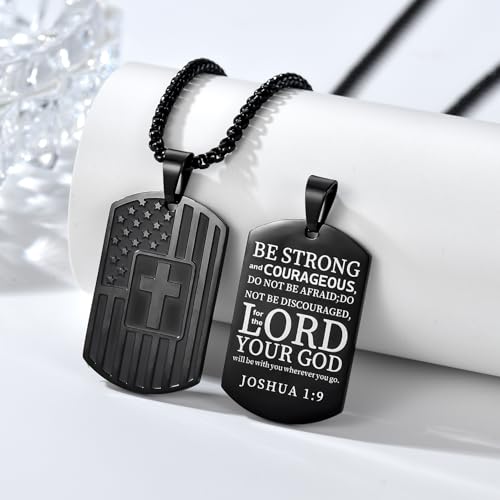 Dog Tag Cross Necklace for Men, 22+2 Inches American Flag Stainless Steel Bible Verse Pendant Chain Religious Patriotic Jewelry Gifts3