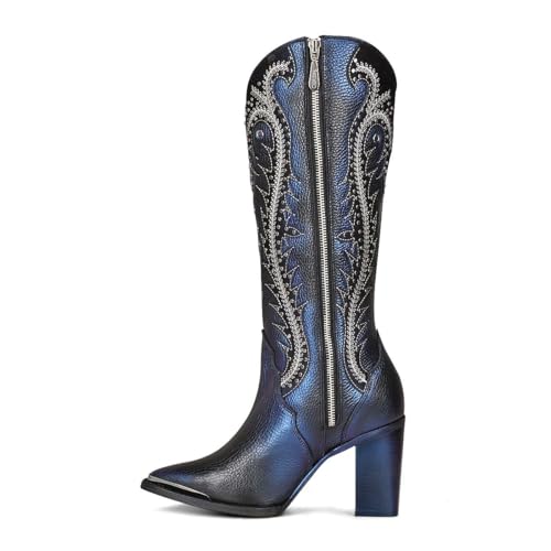 Image of Cuadra Women's Tall Western Boot Leather Blue Side Zipper | 4I09RS