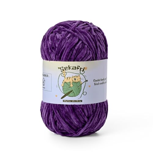 Image of Fuzzy Chenille Yarn for Crocheting, Fluffy Amigurumi Crochet Yarn for DIY Craft /Hat /Shoes, (100g /197yds) Soft Velvet Baby Blanket Yarns（Violet）