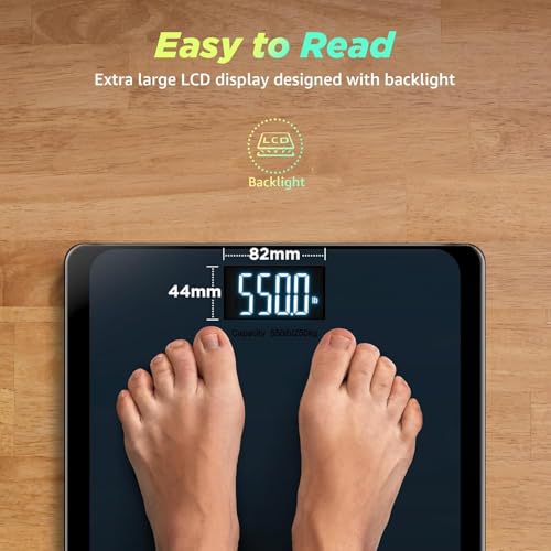 RunSTAR Digitale Personenwaage, hochpräzise Sensoren, 8 mm Sicherheitsglas, Tragkraft bis 250 kg, mit extragroßer Trittfläche und großem LCD-Display, Step-on-Technologie, blau-schwarz