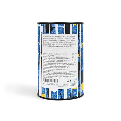 Moya Organischer Grün-Tee Genmaicha 60 g | Loseblatttee mit geröstetem, gepufftem braunem Reis | Grüner Genmai Cha aus Japan | Vegan Freundlich | in mehrfarbiger Metalldose | Perfekt Geschenk