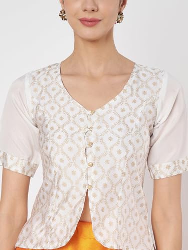 Image of studio rasa Women's Silk Blend Block Printed Button Down Readymade Top for Wedding Festive Party