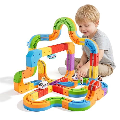 Azazaza Clickrail Electric Train Set 3D STEM Magic Rail Cube Train Set Track Fusion Toy with Flexible Building Race Track & Gravity-Defying Train DIY Cube Track Educational Toy for Boys & Girls 3+