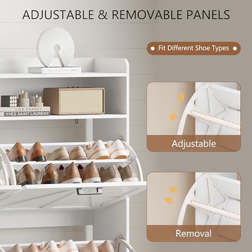Image of Shoe Cabinet with 4 Flip Drawers, Freestanding Hidden Shoe Storage Organizer for Entryway, Narrow Slim Shoe Rack Cabinet with Open Storage & Hooks for Front Door Entrance, Living Room, Hallway, White