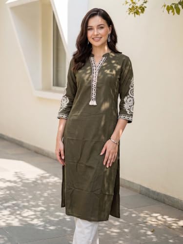 Image of INDO ERA Women's Cotton Straight Fit Floral Embroidered Kurta (KT0GN9776)