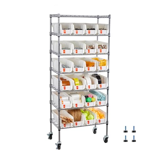 Image of VEVOR 7-Tier Rolling Bin Storage Rack, 24 Small Bins, Bin Rack Storage Steel Wire Shelving System with Wheels, Mobile Tool Organizer for Garage, Warehouse, Office, Restaurant, Classroom, Kitchen