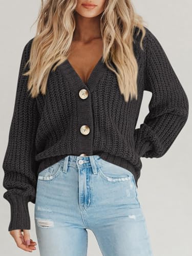 Image of PRETTYGARDEN Women's Chunky Knit Open Front Sweater Long Sleeve Button Loose Short Cardigan Outerwear Coats