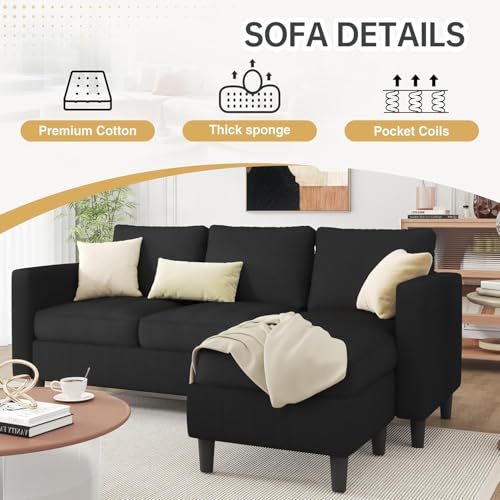 JAMFLY Couches for Living Room, 3-Seat Reversible Sectional Sofa with Convertible Ottoman, Modern Ribbed Fabric L-Shaped Couch for Small Apartment, Studio & Office, Easy Assembly, Black