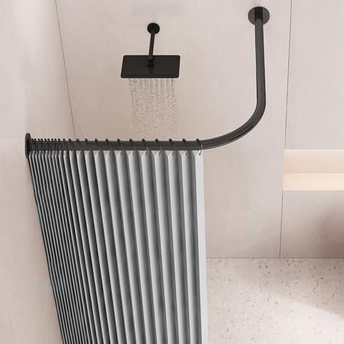 APHTOCF Asta per Tenda da Doccia A Forma di L, 70x70cm Bastone Tenda Doccia Angolare Curva Senza Foratura, Senza Supporto A Soffitto, Adatto per Il Bagno, Nero