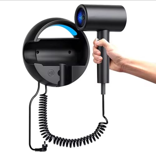 Asciugacapelli da Parete 1600W Ionico con Luce Blu – Phon Hotel a Muro Caldo/Freddo, Temperatura Costante, Protezione Surriscaldamento, Asciugatura Rapida – 220V – Mod. Q-F002 (Nero)