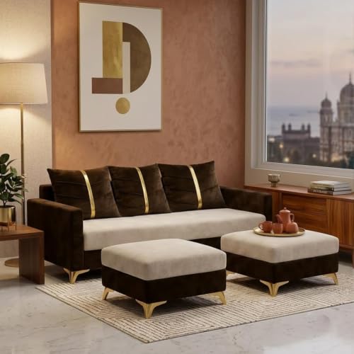 Image of Cavishq 5 Seater L Shape Sofa Set with 2 Movable Ottomans | Flexible Layout | Luxury Velvet Suede Fabric | Modern Living Room Sofa | Dark Brown-Cream