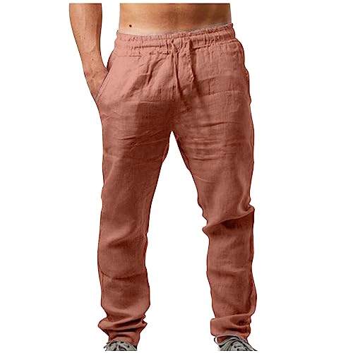 Mens Cotton Linen Pants Casual Lightweight Loose Beach Pant Elastic Drawstring Waist Straight Leg Trouser with Pocket