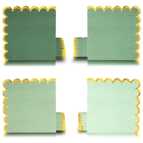 40Pcs Sage Green Gradient Scalloped Gold Edges Napkins Serviettes Disposable 5x5 Solid Party Paper Napkins Hand Towels Scalloped Cocktail Napkin for Easter Wedding Birthday Bridal Anniversar Party