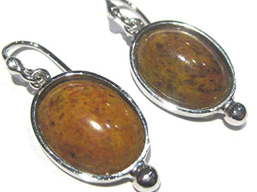 Boucles d'oreilles jaspe brun argent 925 anti-allergie pour oreilles sensibles