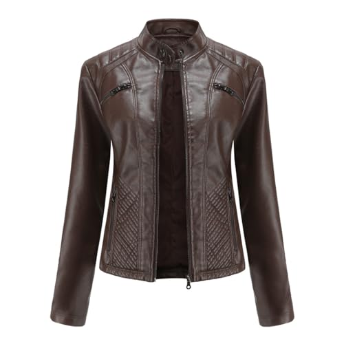 HZQIFEI Chaqueta de Cuero PU para Mujer, Abrigo Corto de Motorista Chaqueta de Motociclista Mujer Casual Chaqueta Corta de Cuero PU para el Otoño, Primavera PJK07 (Café, 3XL)