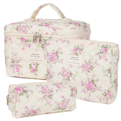 honitty Makeup Bag,Quilted Cosmetic Bag,Large Floral Make Up Bag for Women,Cotton Makeup Bag Set,Flower Travel Toiletry Bag 3 Piece