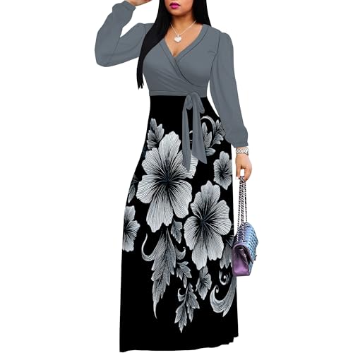 Image of Women's Plus Size Maxi Dresses Long Sleeves V Neck Floral Print Bohemian Swing Long Dress with Belt