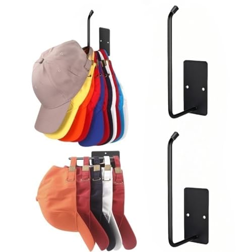 2 Pack Wall Mounted Hat Rack, Adhesive and Screw Hat Hooks Organizer for Baseball Caps, Closet, Door, or Bedroom (Black)
