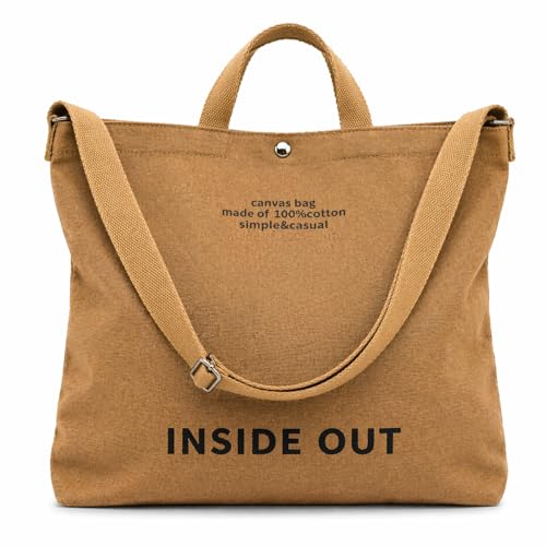 JOSHFLKWL Large Tote Bag for Women, 16oz Cotton Canvas Shoulder Bag, Large Capacity Casual Tote with Adjustable Strap(Brown, Large)