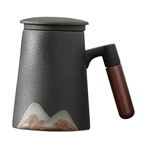 Tubayia Taza de café con asa, tapa con filtro de porcelana, taza de té para café, restaurante, oficina, casa, cocina (negro)