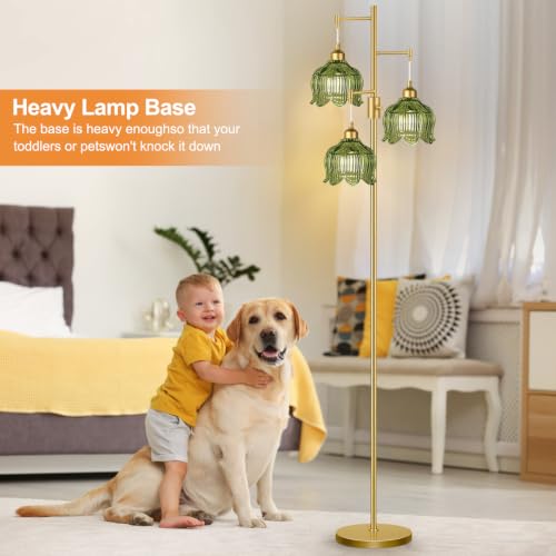 Image of Vintage Floor Lamps for Living Room 3 Light Glass Floor Lamp with 3 Color Temperatures, Dimmable Green Floor Lamp Gold Mid Century Modern Standing Lamp Tall Tree Flower Floor Lamp for Bedroom Corner