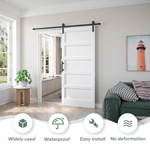 Image of Fredbeck 38x84 inch White Barn Door with 6.6 FT Sliding Door Hardware Kit Included & Handle,MDF,Solid PVC Surface,DIY Assembly,5-Panel,Fit 35in-37in Opening
