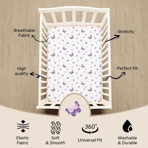 Image of 4 Pack Butterfly Baby Crib Sheets for Baby Girls Purple Crib Fitted Sheets for Standard Size Crib and Toddler Mattress Soft and Breathable (Crib)