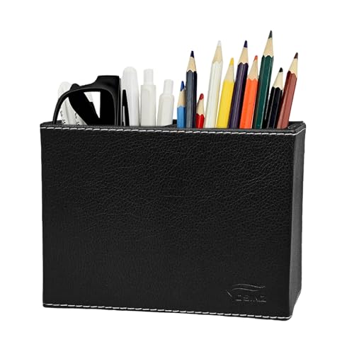 Image of Black Pen Holder, Double Slots Leather Pencil Holder, Elegant Pen Holder for Desk, Stationery Organizer for School Office Home Dorm