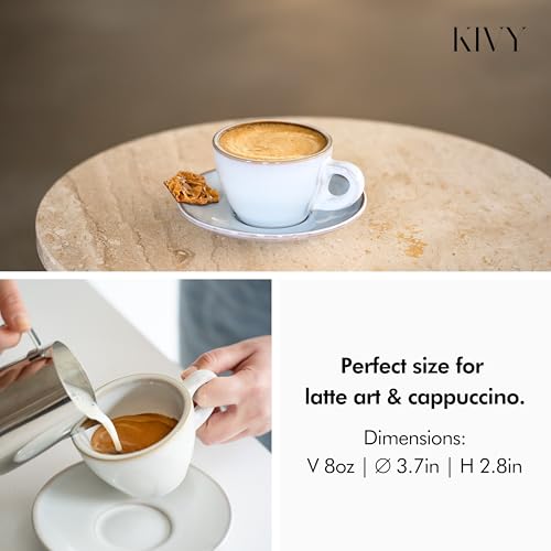 KIVY Set of 4 Cappuccino Cups - Thick Earthenware Cups - Saucer Included - Handmade, Cream Dotted - Image 4