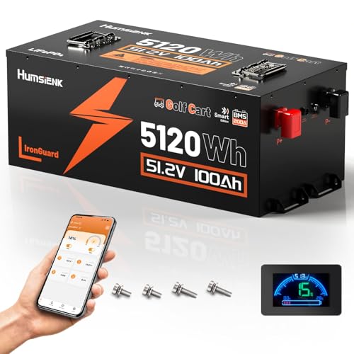 Image of HumsiENK 48V 100Ah Golf Cart Battery, Metal Casing LiFePO4 Battery with 200A BMS (410A Peak), Bluetooth & LCD Monitor, 5.12kWh Deep Cycle Lithium Replacement for Club Car, EZGO, Yamaha