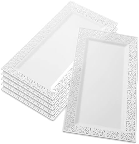 Silver Spoons DISPOSABLE LACE TRAYS | for Upscale Wedding and Dining | 6 pc | White | 14” x 7.5” -