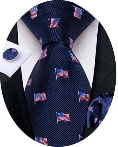 Image of DiBanGu Striped Tie Set for Men Silk Woven Plaid Necktie and Pocket Square Cufflinks Business Wedding