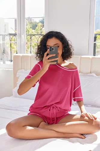 Image of Ekouaer Women's Waffle Knit Two Piece Lounge Set, Soft Matching Outfits for Daily Wear, Casual Shorts Set with Pocket