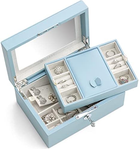 Vlando Jewelry Box, Jewelry Organizer and Storage with Mirror and Tray -Blue