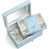 Vlando Jewelry Box, Jewelry Organizer and Storage with Mirror and Tray -Blue