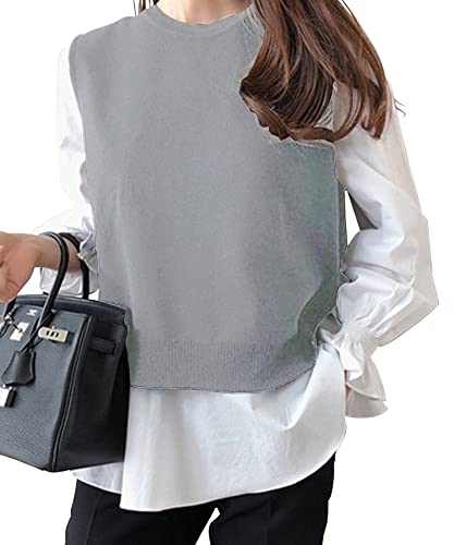 [Amulet] ニットベスト付きブラウス オフィス シンプル シャツ レディース XL グレー×ホワイトvlo-5573-grwh-xl