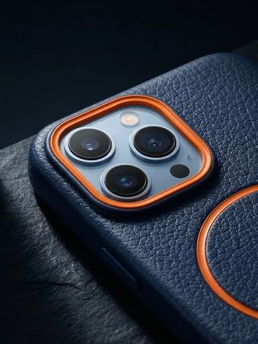 Image of amazon basics Luxury MagSafe Compatible Leather Texture Back Cover for iPhone 15 Pro | Raised Camera Protection | Slim Fit Shockproof Case with Metallic Accents (Dark Blue)